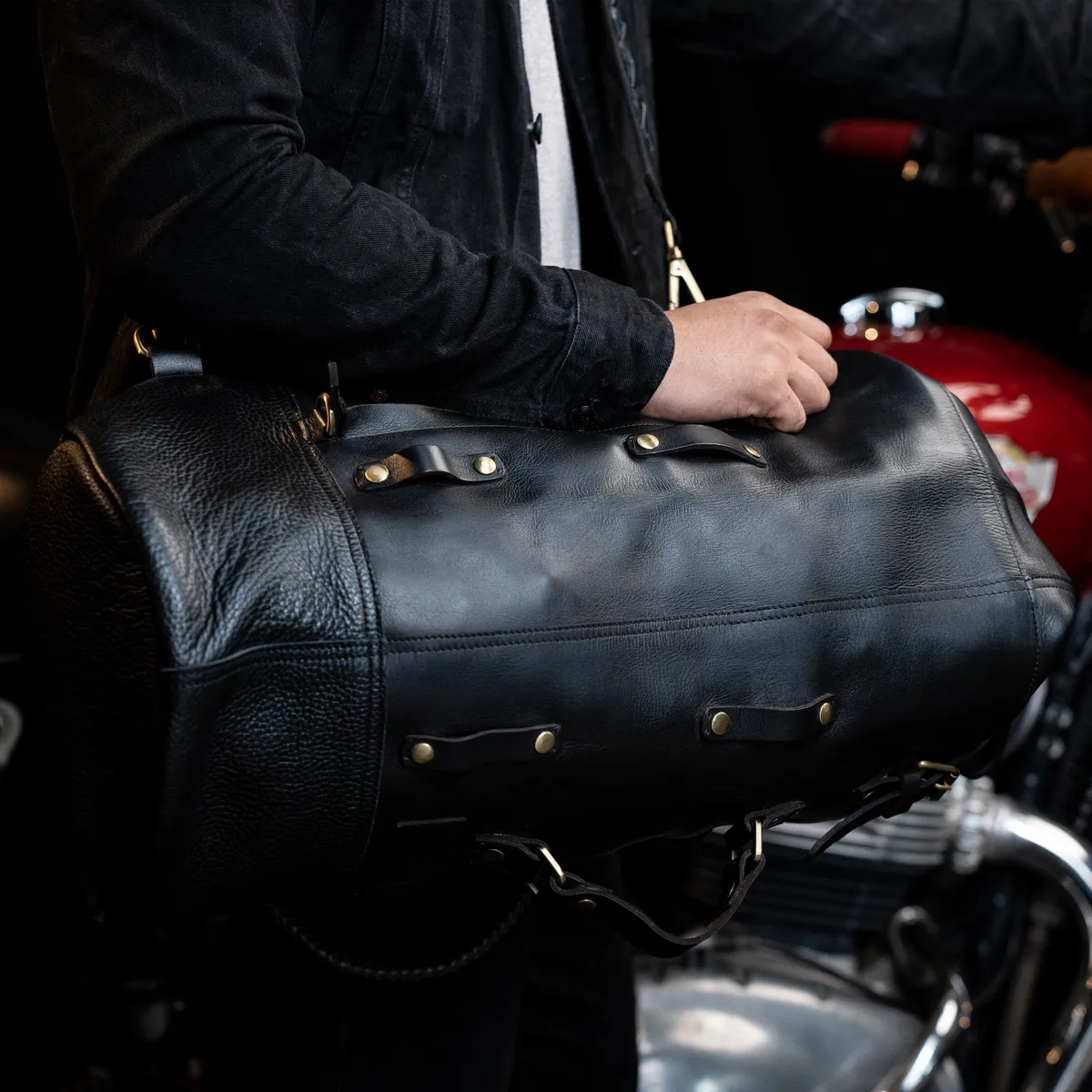 Midnight Black Adventure Full Grain Leather Duffel Bag for Travel & Motorcycle - leather travel bag