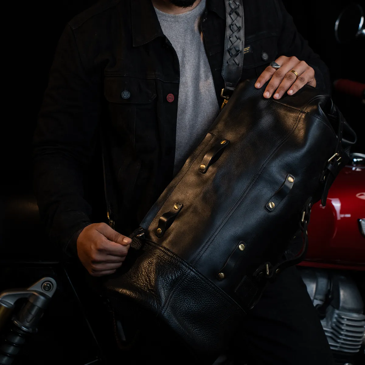 Midnight Black Adventure Full Grain Leather Duffel Bag for Travel & Motorcycle - leather travel bag