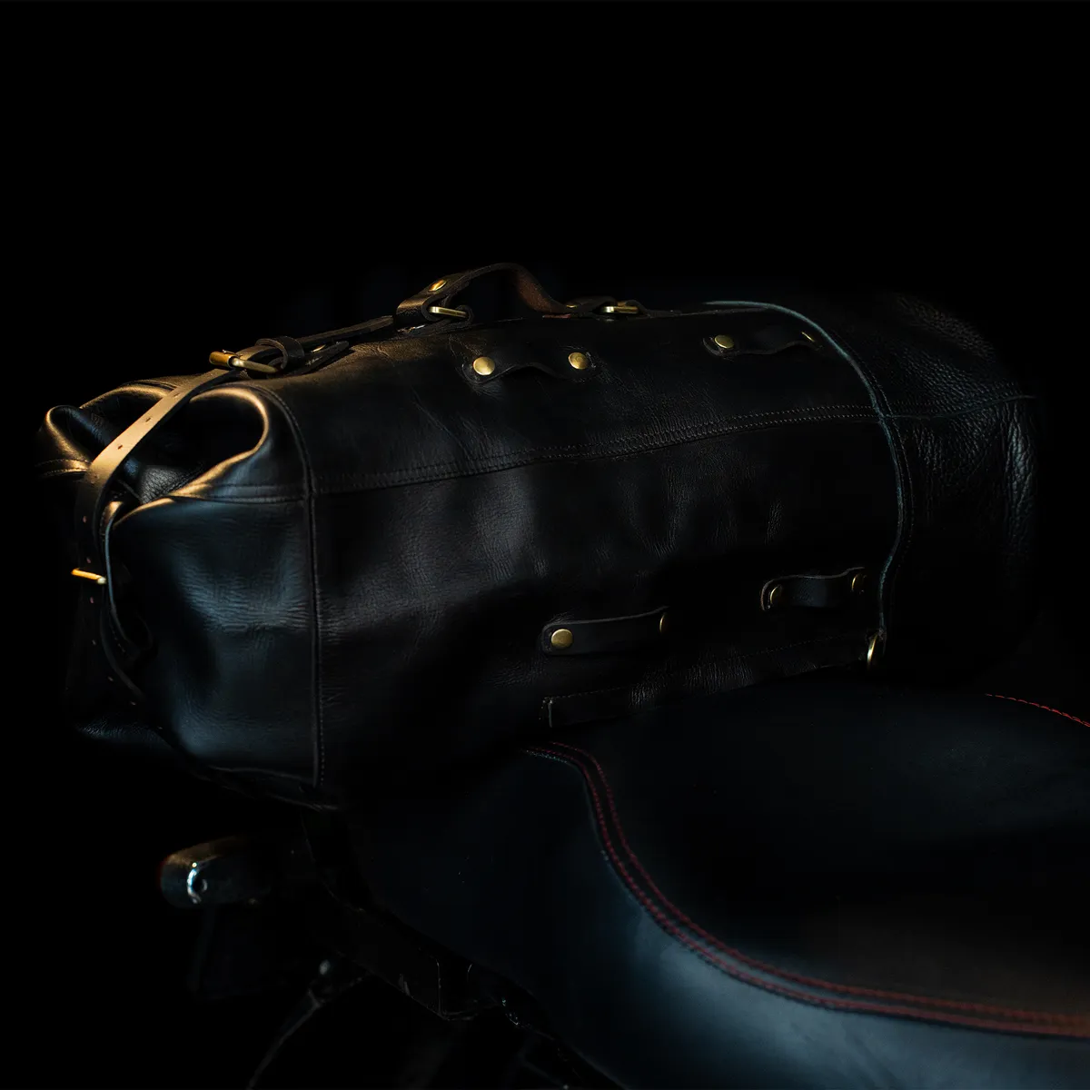 Midnight Black Adventure Full Grain Leather Duffel Bag for Travel & Motorcycle - leather travel bag