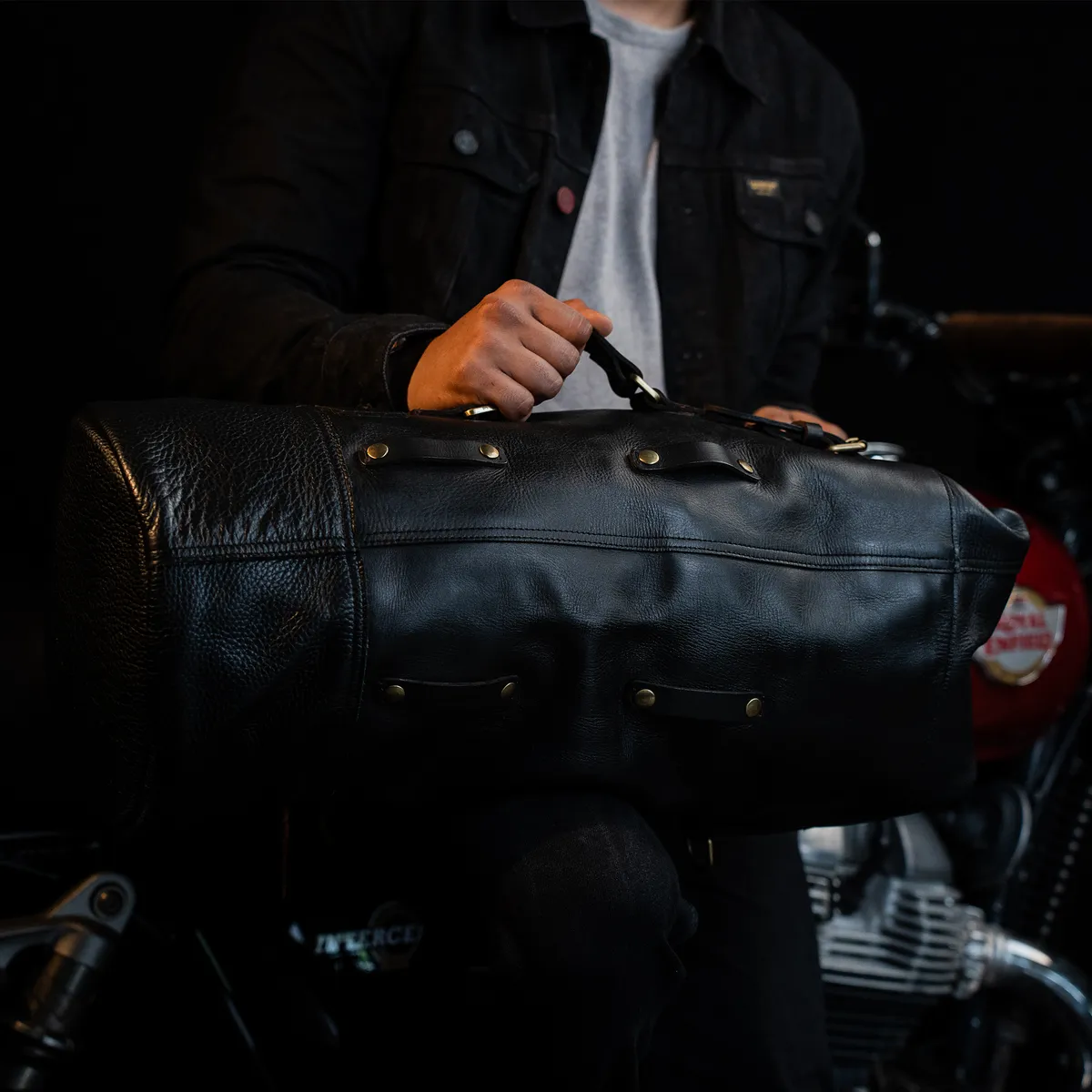 Midnight Black Adventure Full Grain Leather Duffel Bag for Travel & Motorcycle - leather travel bag