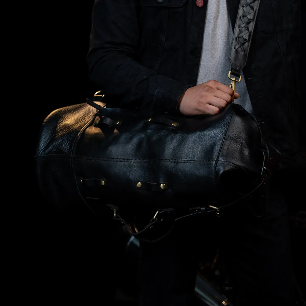 Midnight Black Adventure Full Grain Leather Duffel Bag for Travel & Motorcycle - leather travel bag