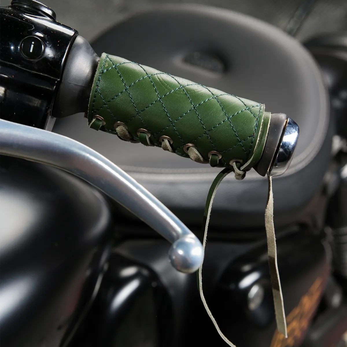 Forest Green Diamond Grip leather motorcycle handle grip covers