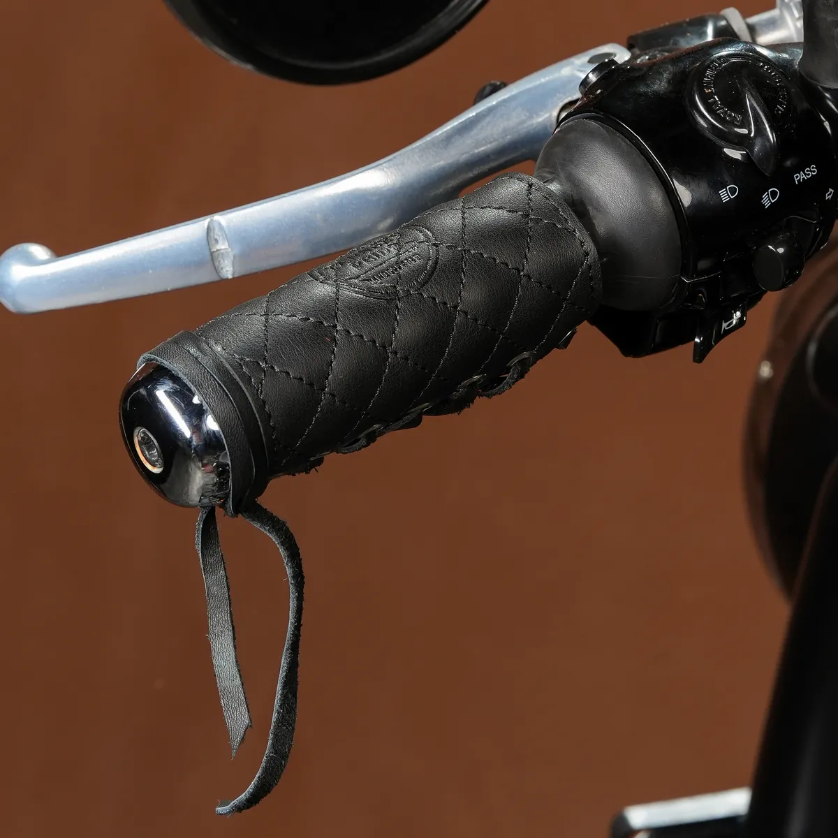 Midnight Black Diamond Grip leather motorcycle handle grip covers