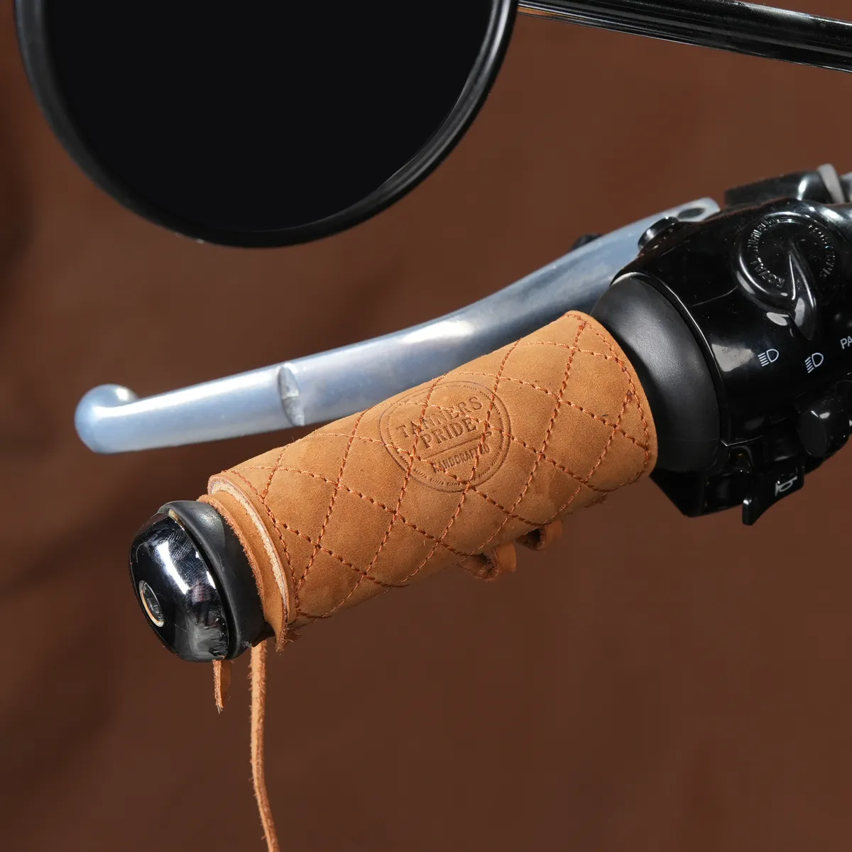 Tobacco Brown Diamond Grip leather motorcycle handle grip covers