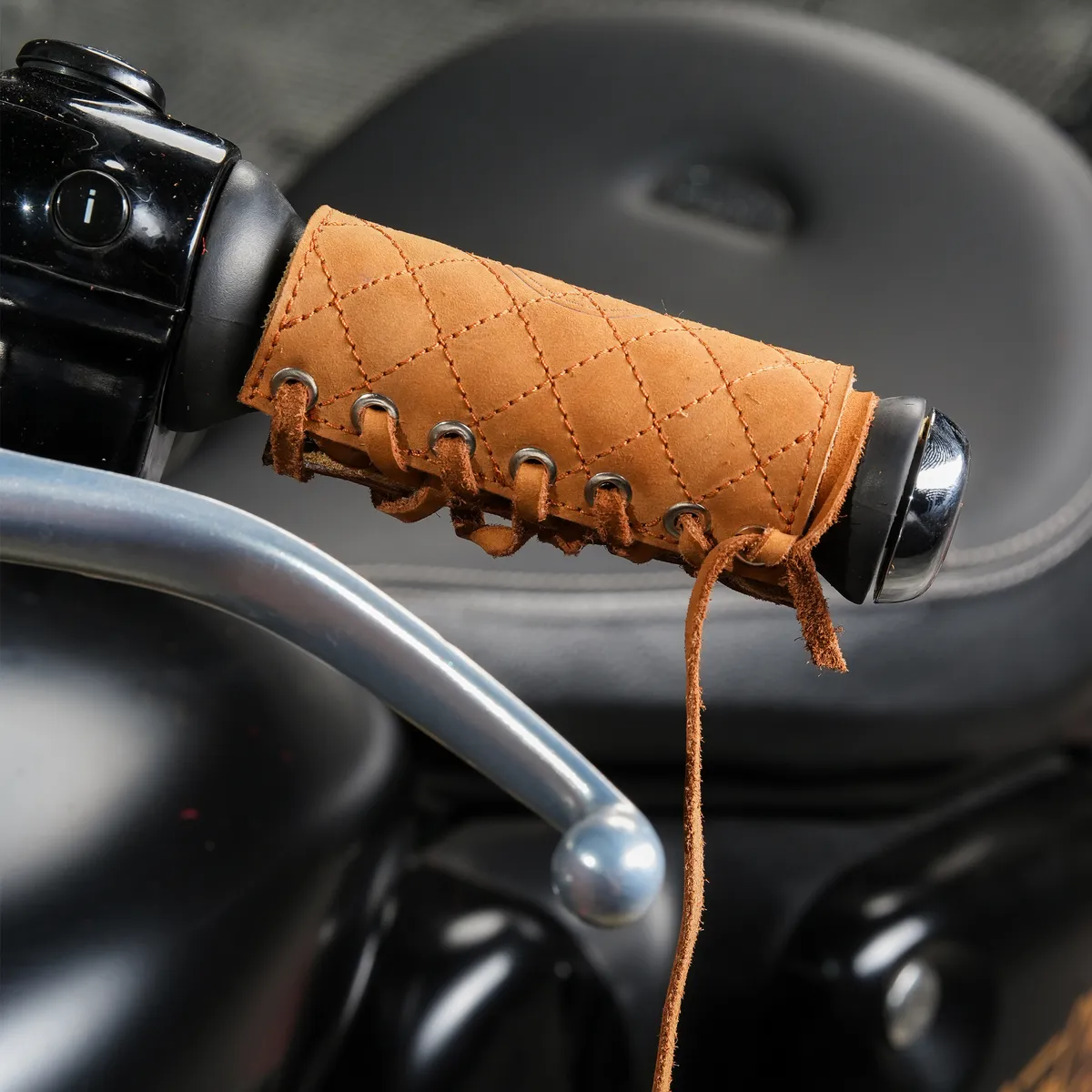 Tobacco Brown Diamond Grip leather motorcycle handle grip covers