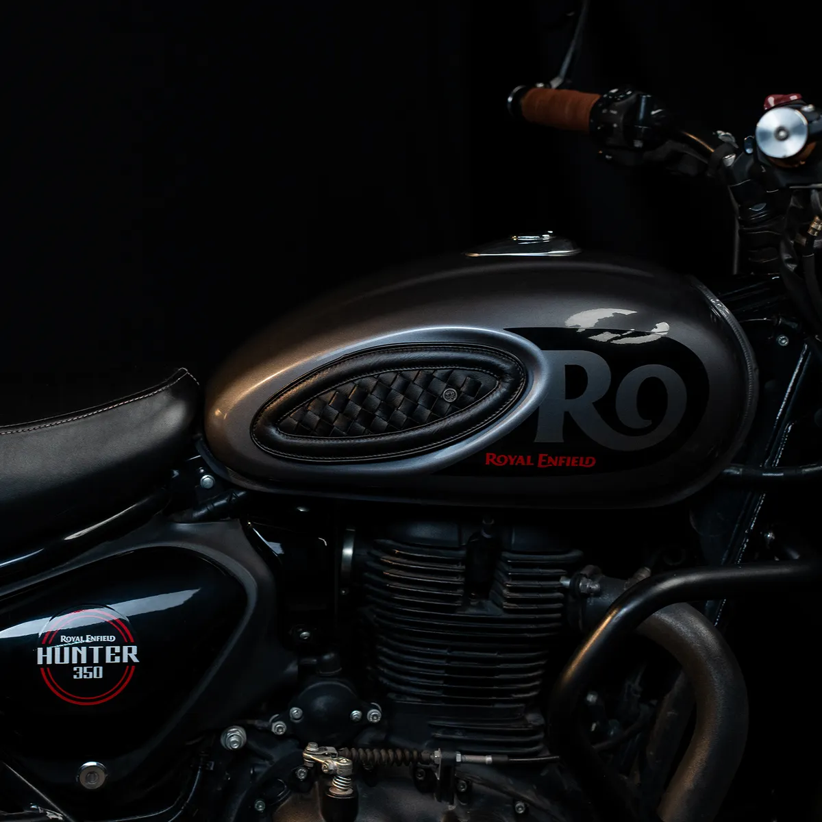 Midnight Black Handweaved leather motorcycle tank pad for Royal Enfield Hunter 350