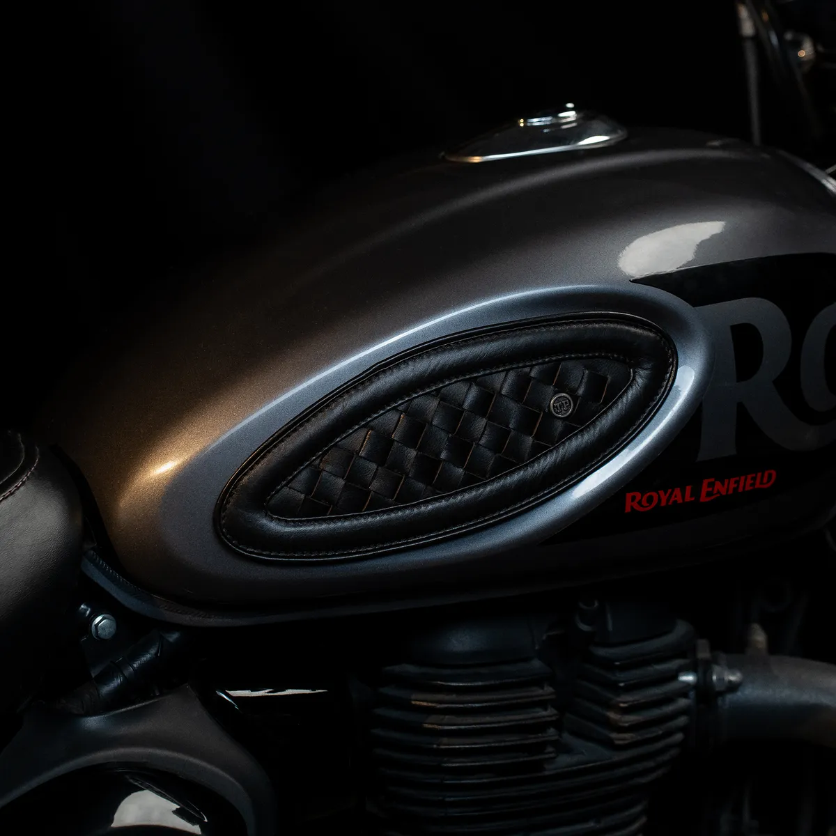Midnight Black Handweaved leather motorcycle tank pad for Royal Enfield Hunter 350