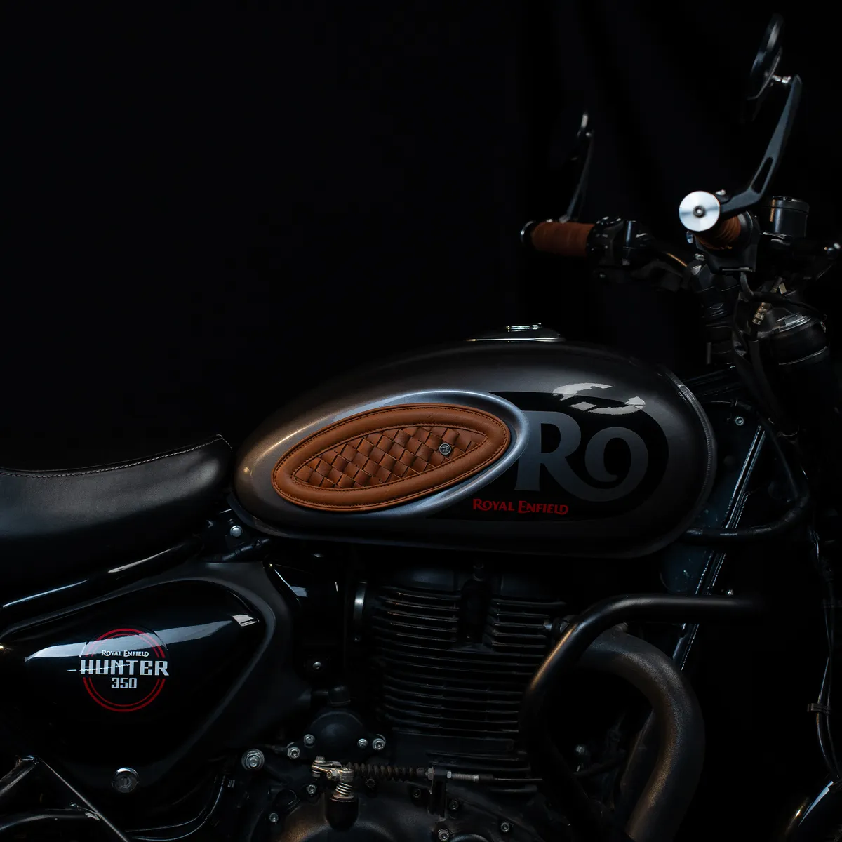 Natural Tan Handweaved leather motorcycle tank pad for Royal Enfield Hunter 350