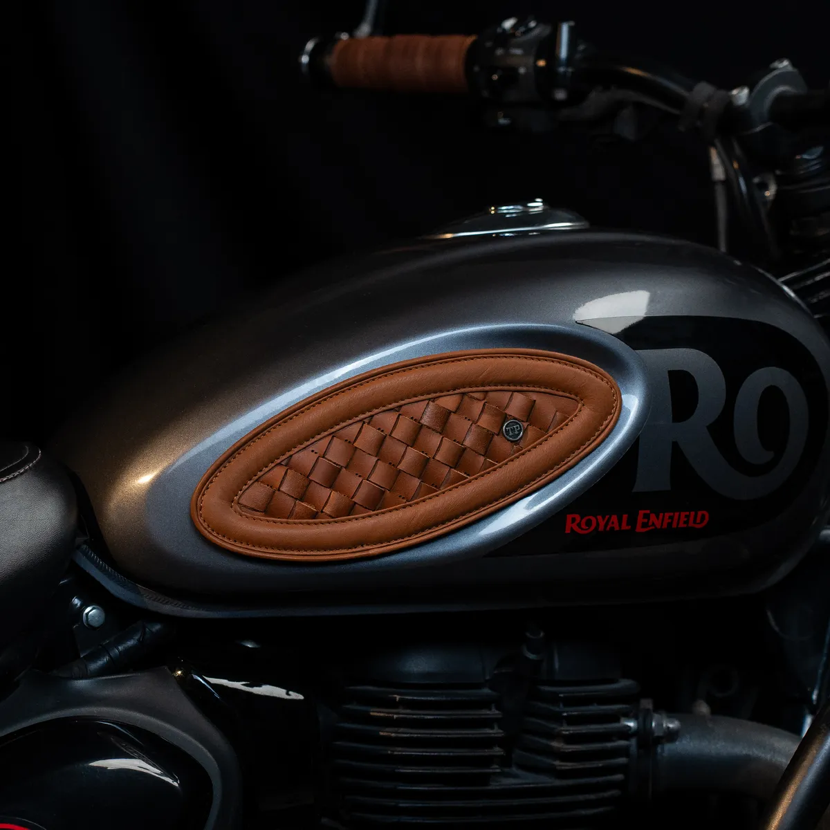Natural Tan Handweaved leather motorcycle tank pad for Royal Enfield Hunter 350